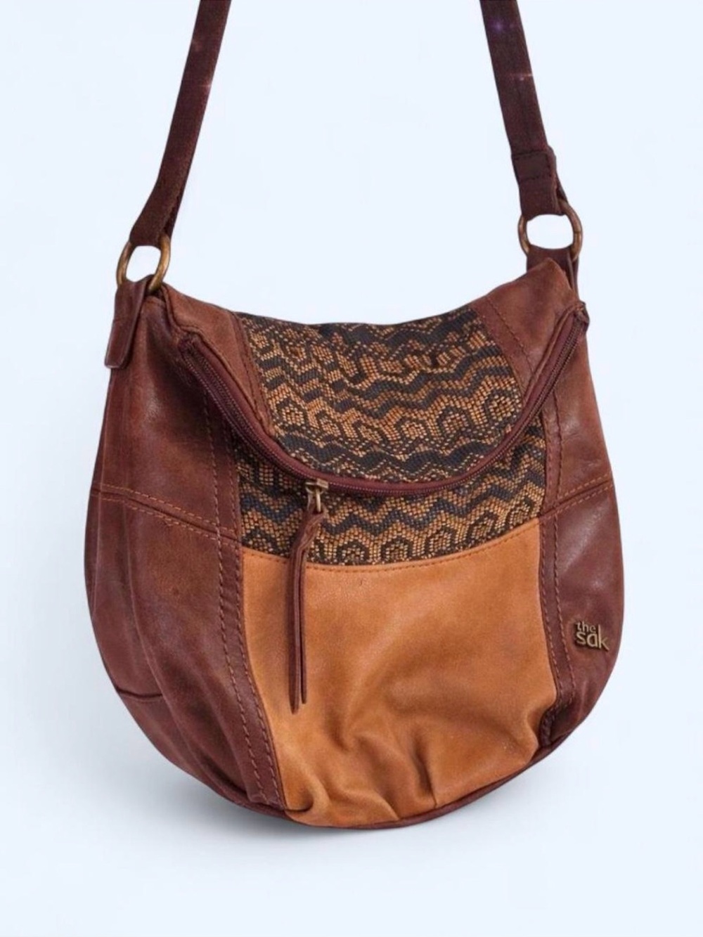The Sak Two-Tone Brown Leather Shoulder Bag with Woven Pattern